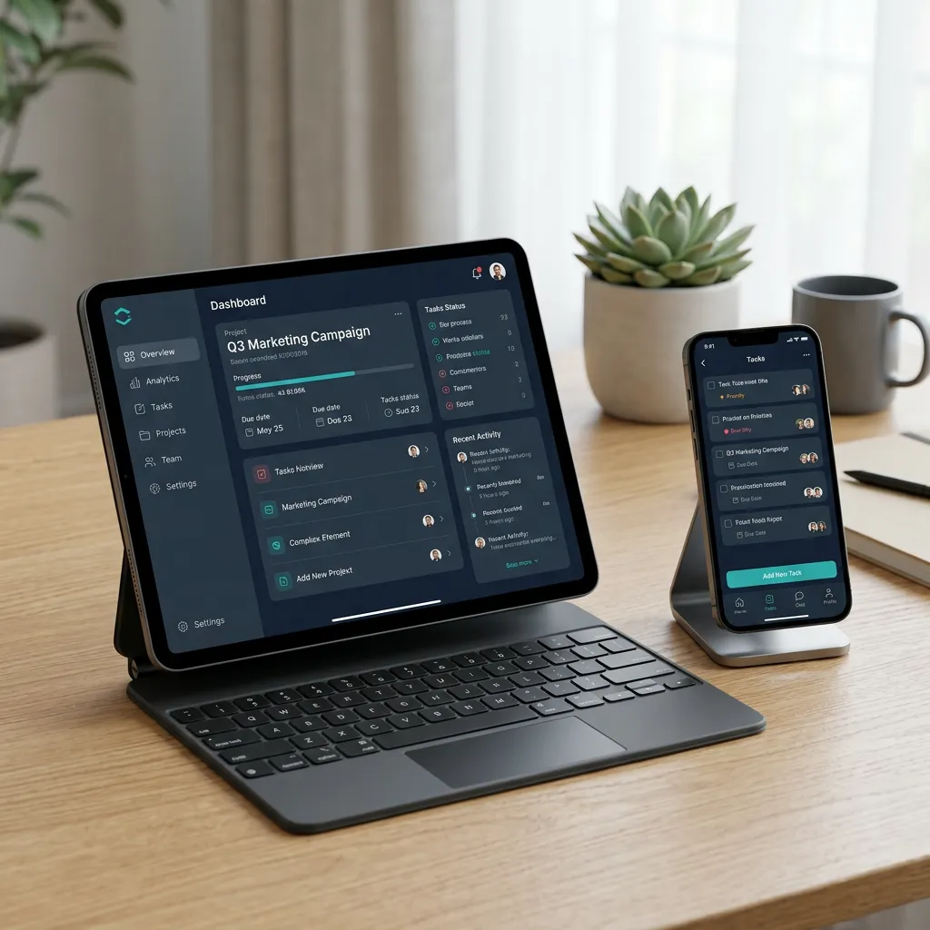 Mockup of a digital platform interface shown on a tablet and a mobile phone screen