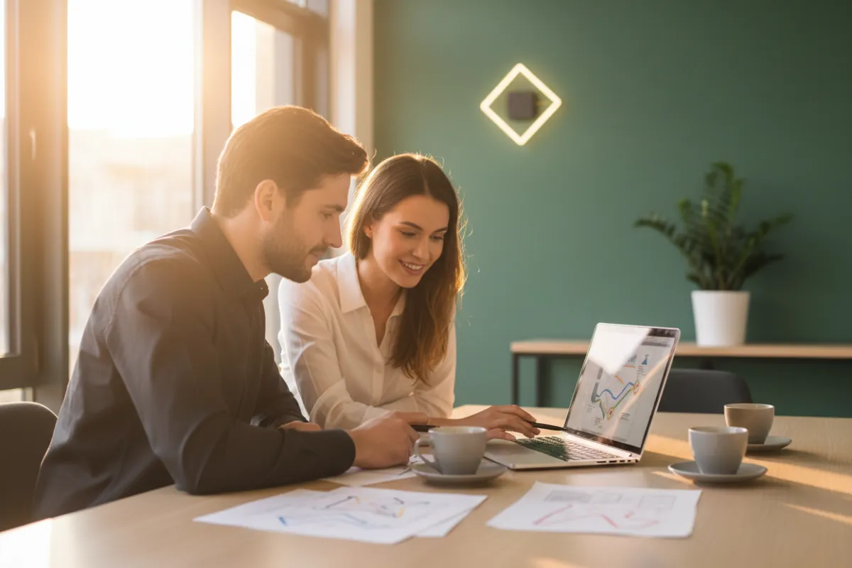 Two professionals in a modern small-office meeting discussing a roadmap over a laptop, conveying collaboration and trust.