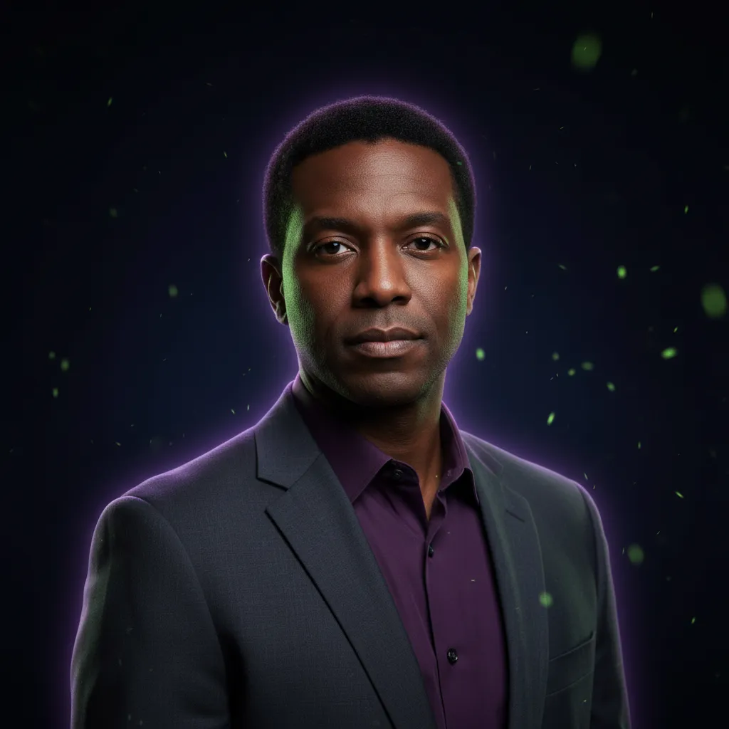 Professional man in a dark suit with a purple shirt, set against a glowing background, representing expertise in marketing automation for small businesses.