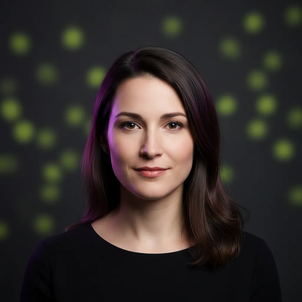 Woman with long dark hair, wearing a black top, against a blurred background with green bokeh lights, representing the theme of digital transformation and automation in marketing.