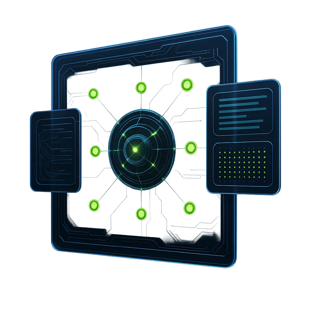 Futuristic interface with glowing green indicators and data panels, symbolizing autonomous lead generation and AI-driven efficiency for Carbon Automations.
