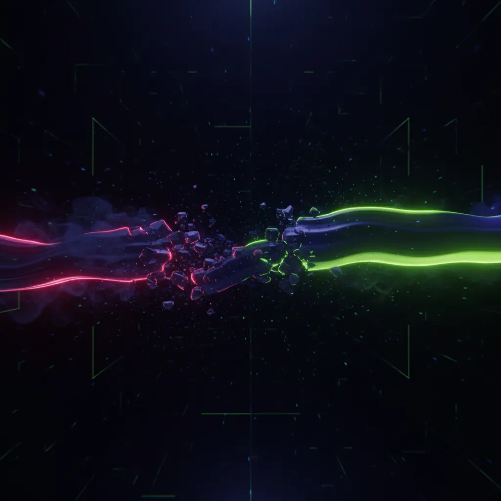 Abstract digital illustration of two colorful streams, one red and one green, colliding and breaking apart against a dark background, symbolizing the disruption of manual lead generation processes.