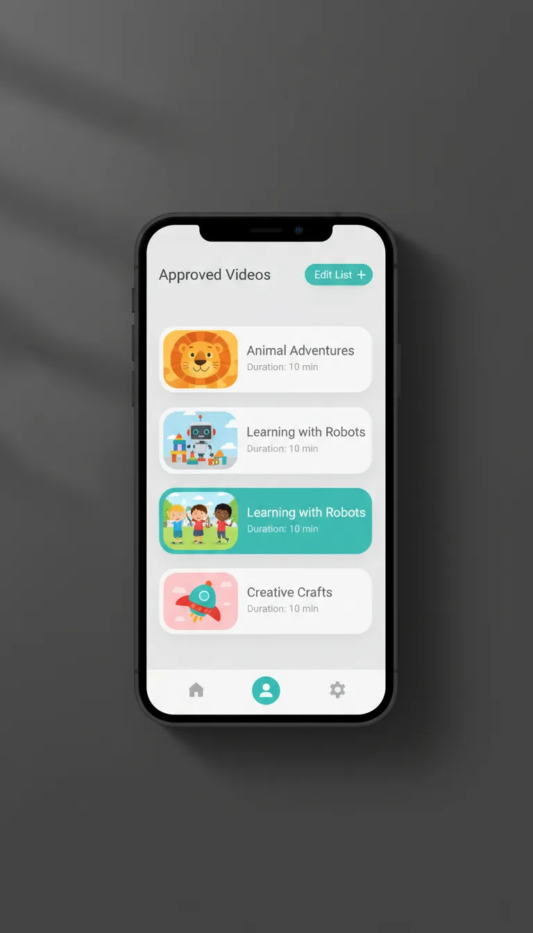 Safe Kids Videos branded phone interface showing parent controls