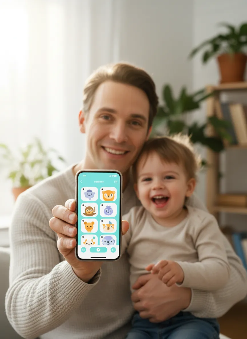 A smiling parent holding a phone, demonstrating the safe video app