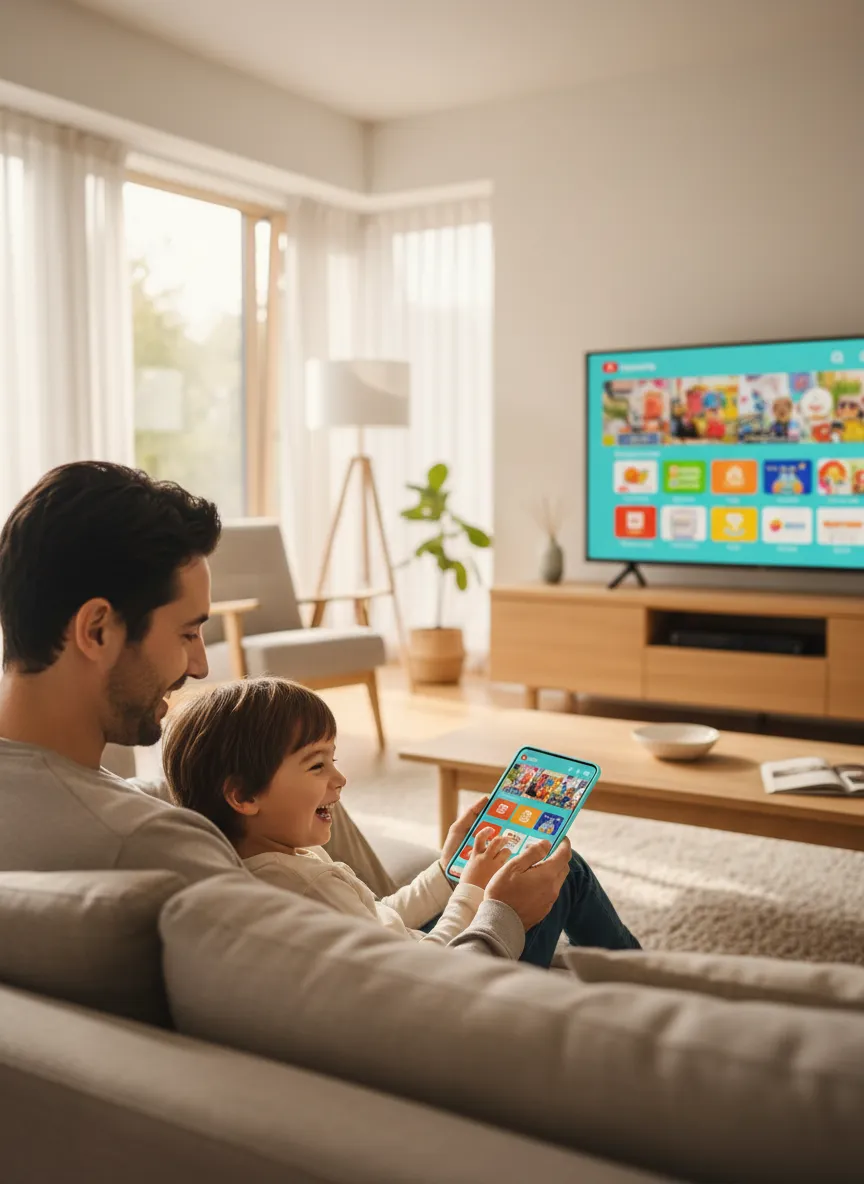 Happy family using multiple devices together securely
