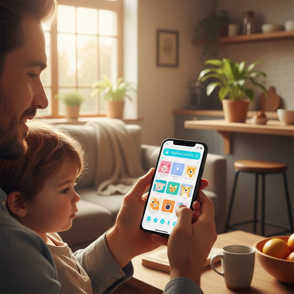 Parent happily selecting videos on a phone app while their child watches nearby