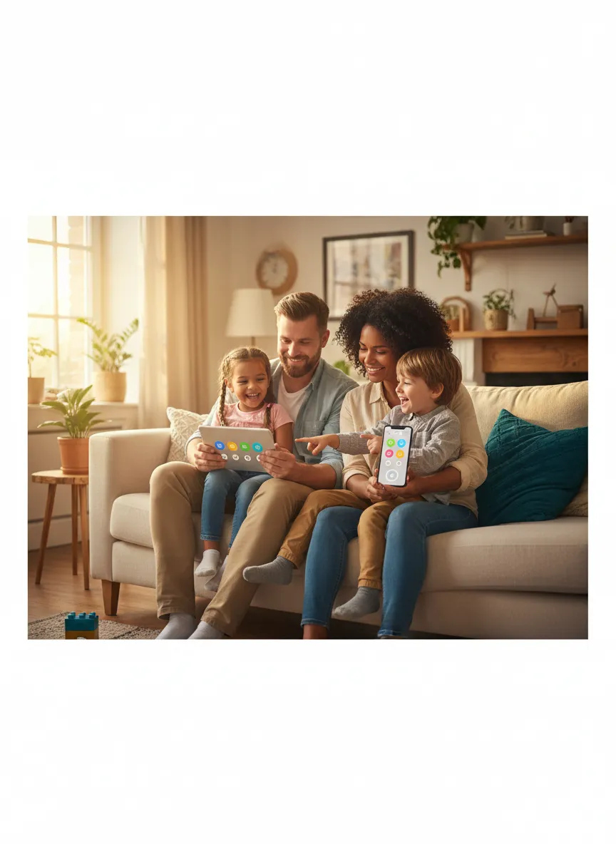 Family enjoying secure screen time together