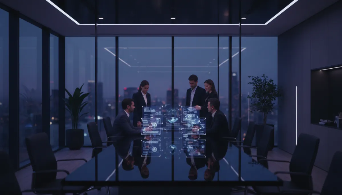 Modern office with collaborative team and technology systems