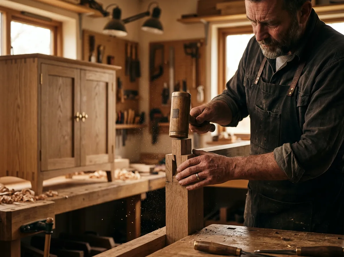Master craftsmen executing precision joinery and structural renovation