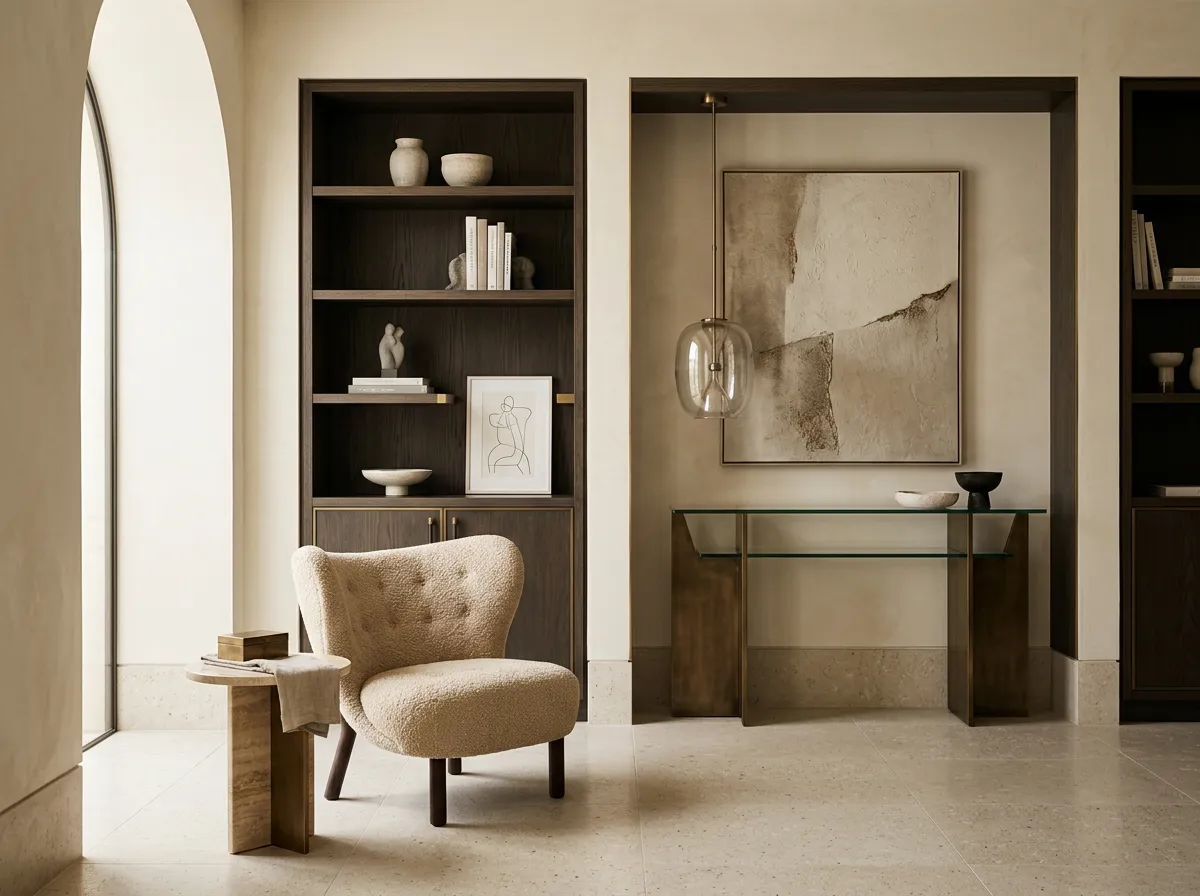 Curated luxury furniture pieces, sculptural lighting, and bespoke joinery