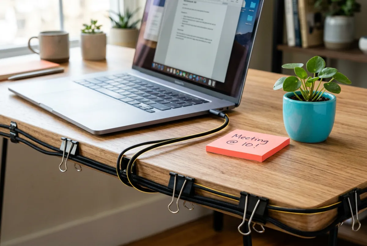 Smart power cable organization using binder clips on modern desk