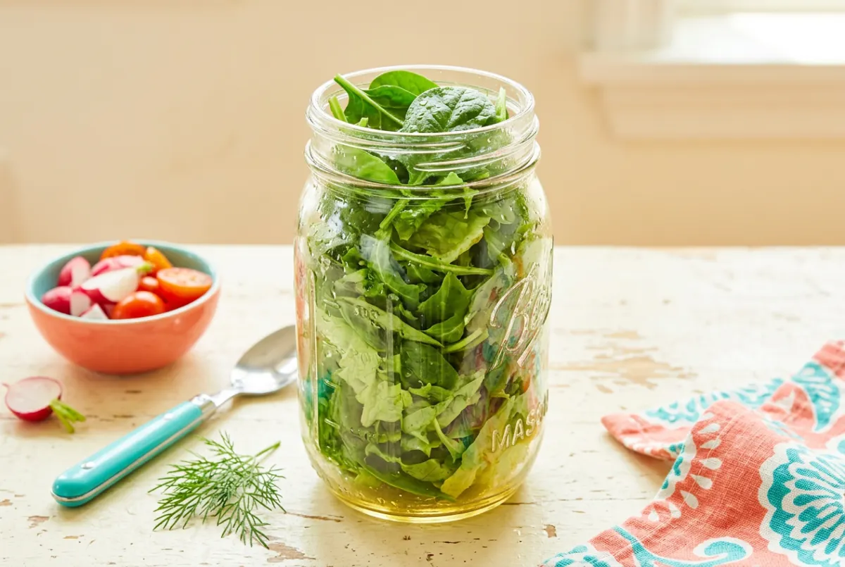 Crisp salad greens preserved fresh for weeks using glass mason jar technique