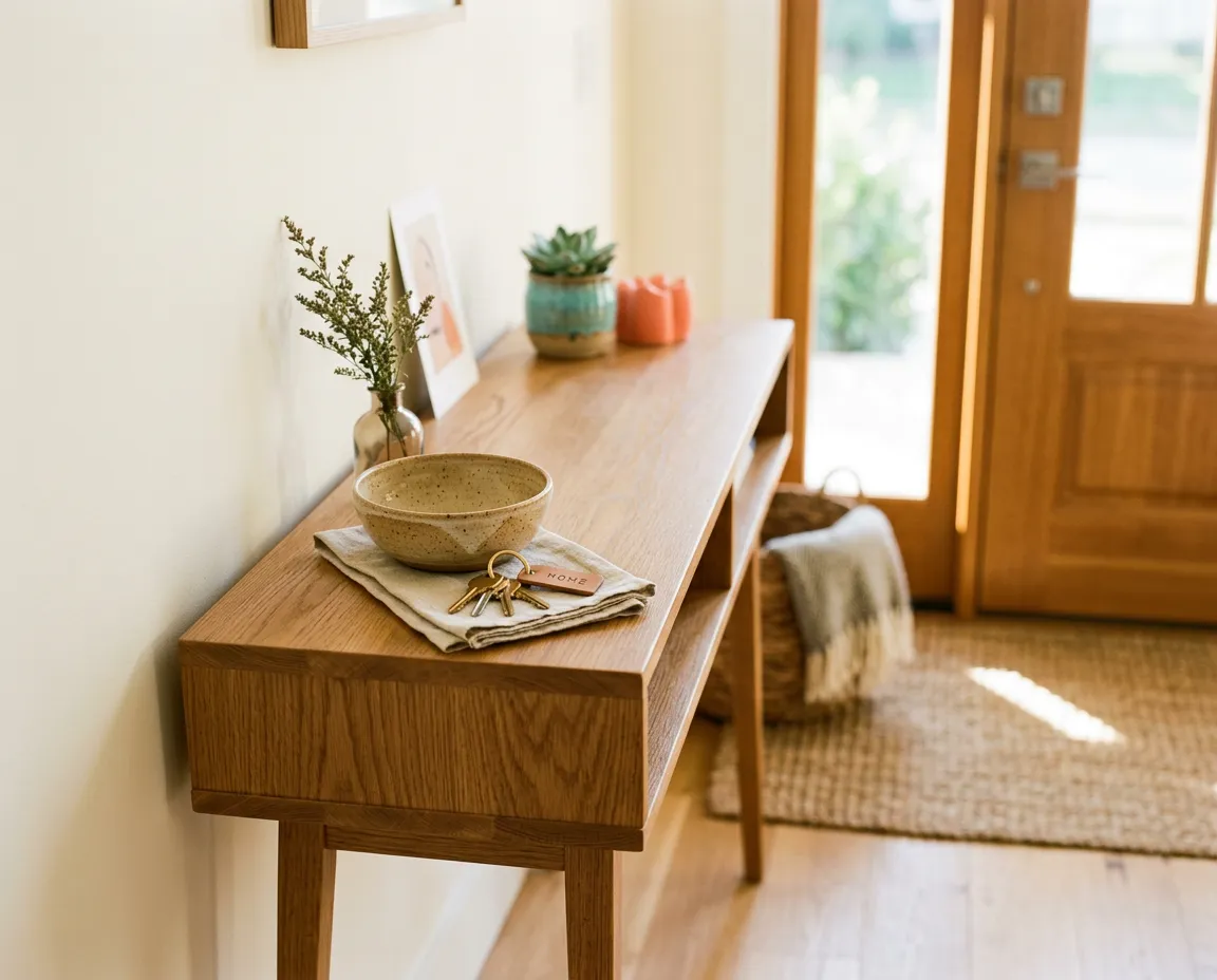 A warm modern entryway with keys neatly resting inside a handcrafted wooden bowl
