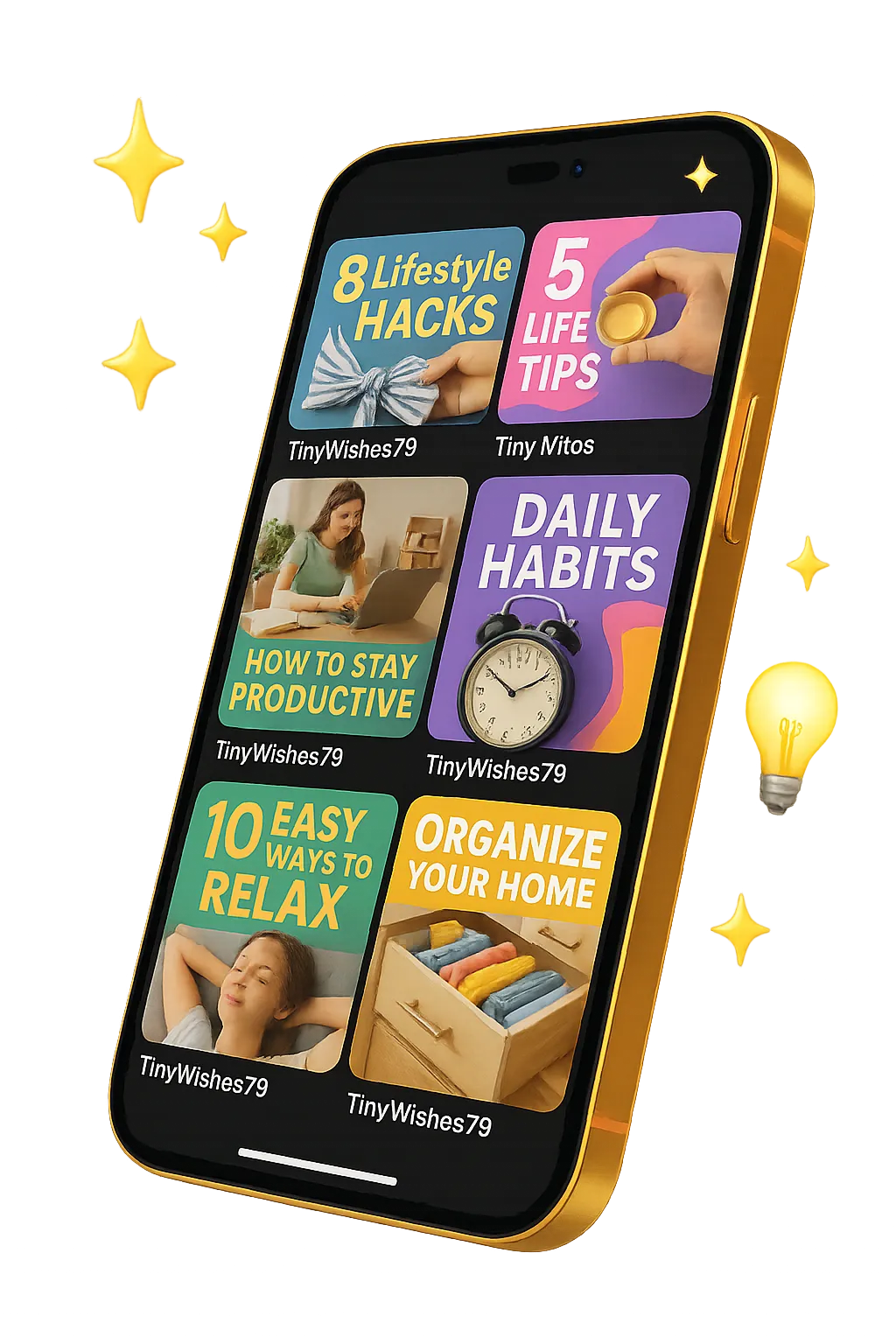 A modern smartphone mockup floating over a warm cream backdrop, showing the vibrant TinyWishes79 TikTok short video feed with colorful lifestyle hack clips and soft playful sparkles around the frame