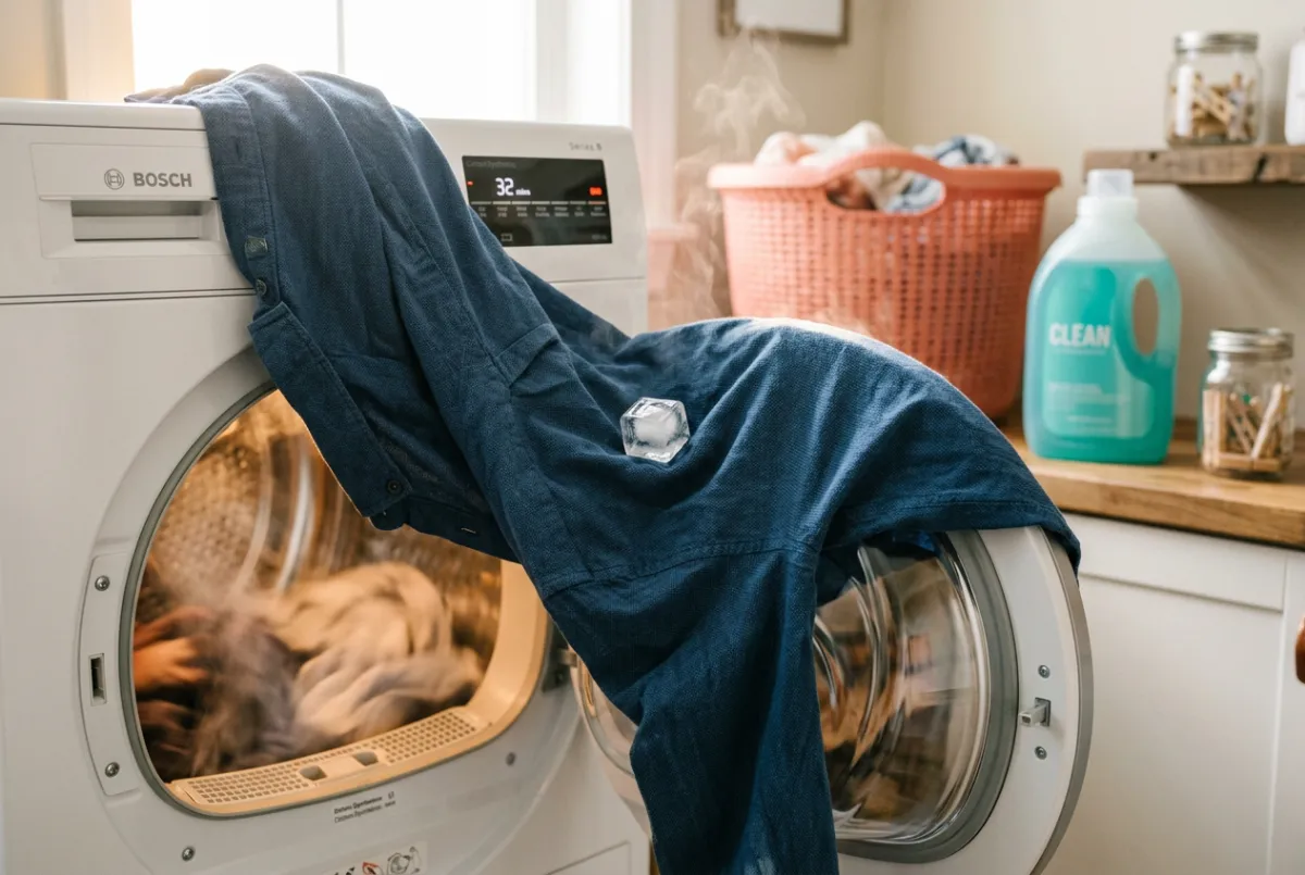 Instant garment wrinkle release using ice cube dryer discovery