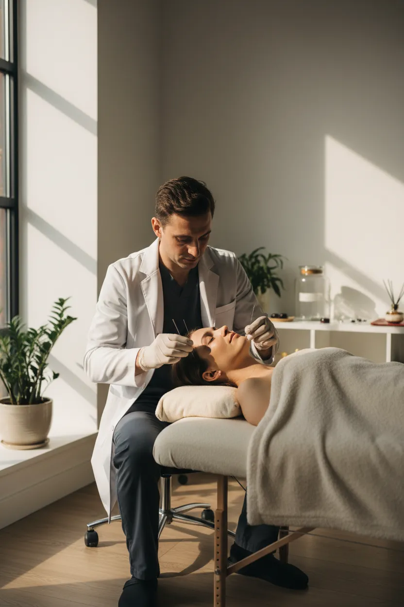 Male practitioner providing acupuncture treatment in a professional clinical setting