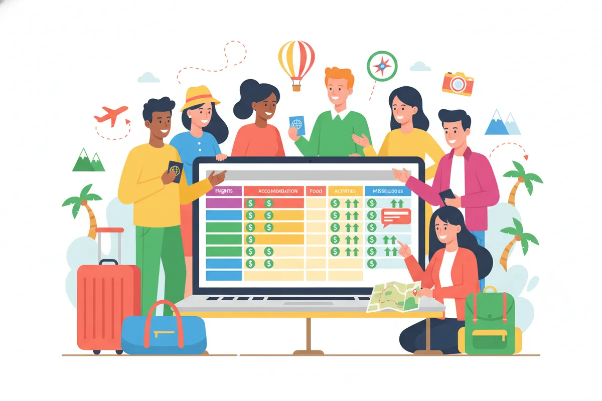 A vibrant flat illustration of a diverse group of travelers gathered around a large open laptop displaying a colorful travel budget spreadsheet, with suitcases, maps, and travel icons in the background. The scene is bright, optimistic, and modern, evoking excitement for planning trips and managing finances together.
