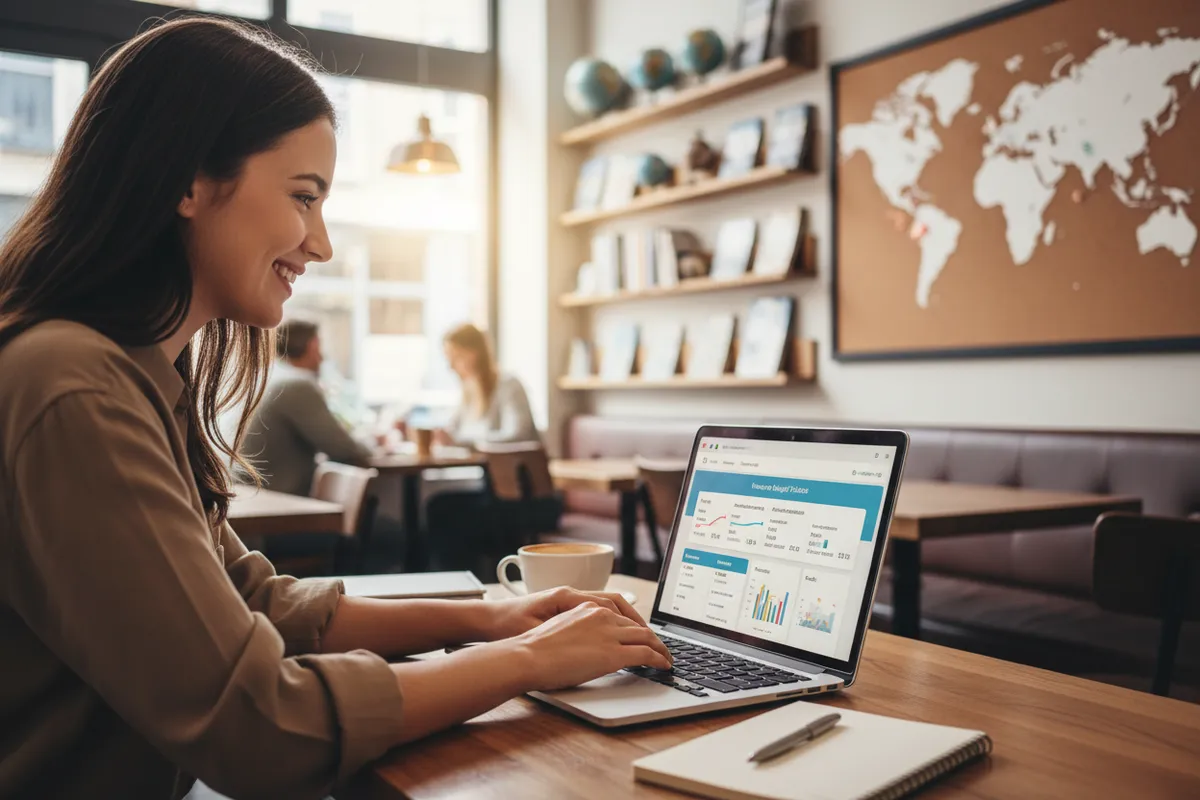A young woman at a café table with a laptop, smiling as she plans her next trip using a digital budget tracker. Cozy, modern café with travel books and a world map on the wall.