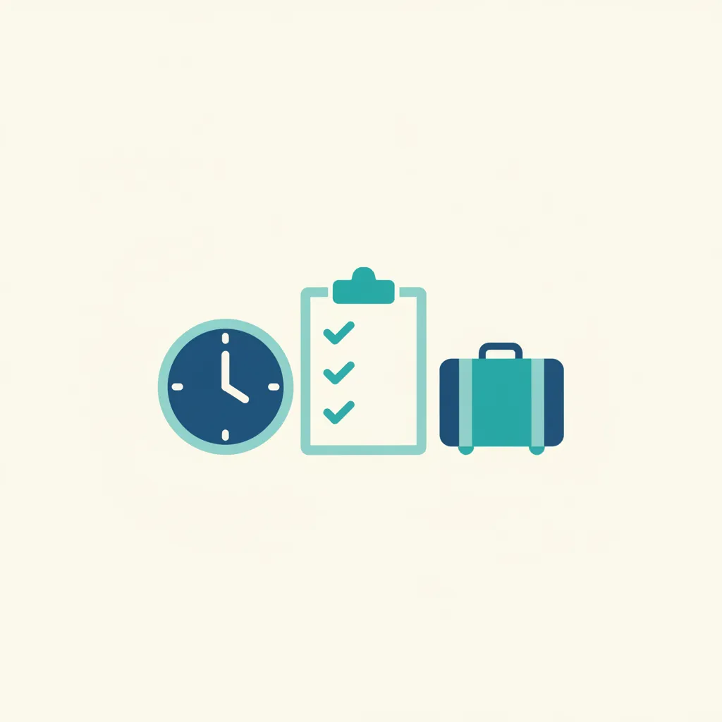 A minimal vector image of a clock, a checklist, and a suitcase, all neatly grouped on a soft background. The illustration uses blue and teal tones, representing time-saving and efficient travel planning, with a clean, uncluttered look.