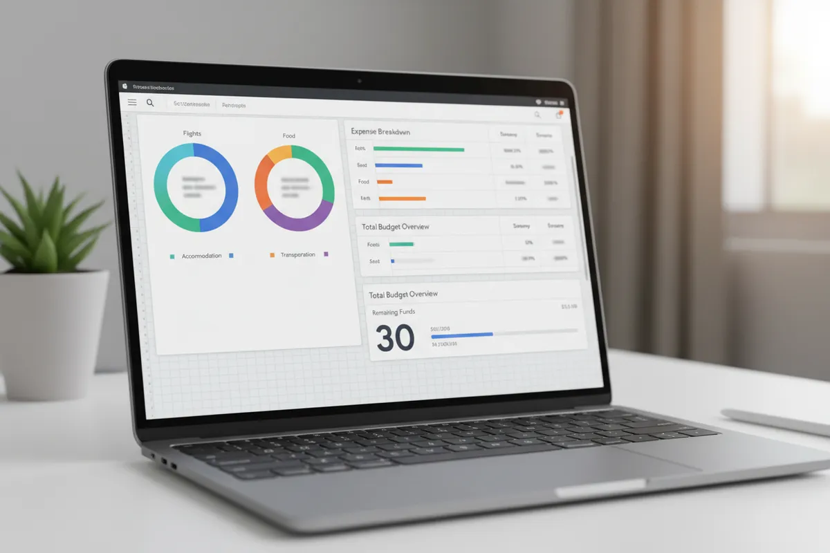 A realistic UI mockup of a Google Sheet travel budget tracker displayed on a laptop screen, showing colorful charts, expense categories, and summary tables. The interface is clean and user-friendly, with a subtle background suggesting a modern workspace.