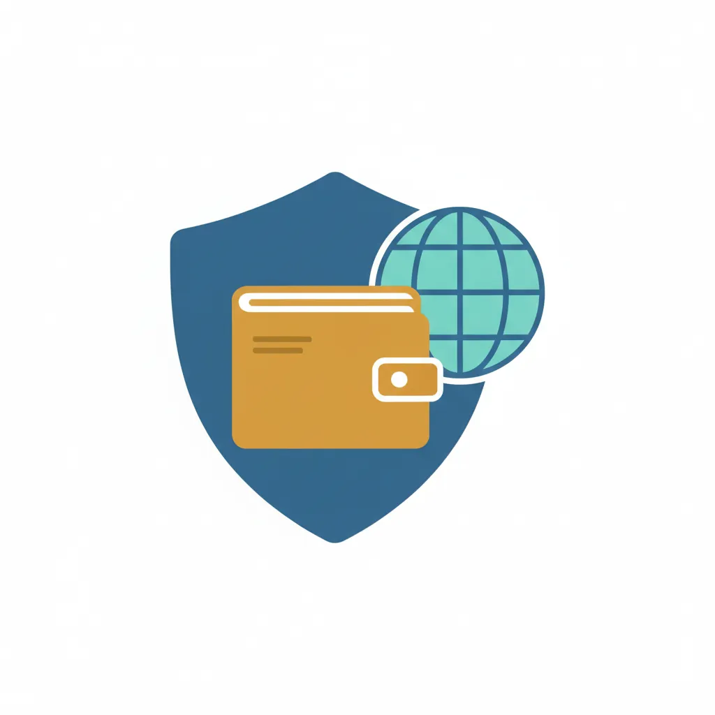 A minimal vector scene showing a shield, a wallet, and a globe, all overlapping slightly on a white background. The design suggests financial security and global travel confidence, using crisp lines and a modern palette.