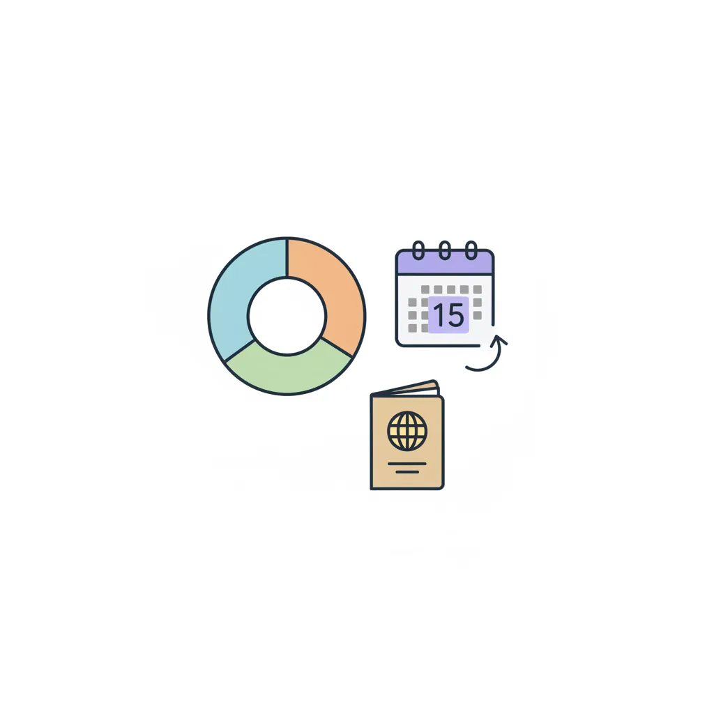 A minimal vector illustration of a pie chart, a calendar, and a passport arranged together on a clean white background, symbolizing budgeting, planning, and travel. The composition is simple, colorful, and modern, with no people, evoking clarity and organization.