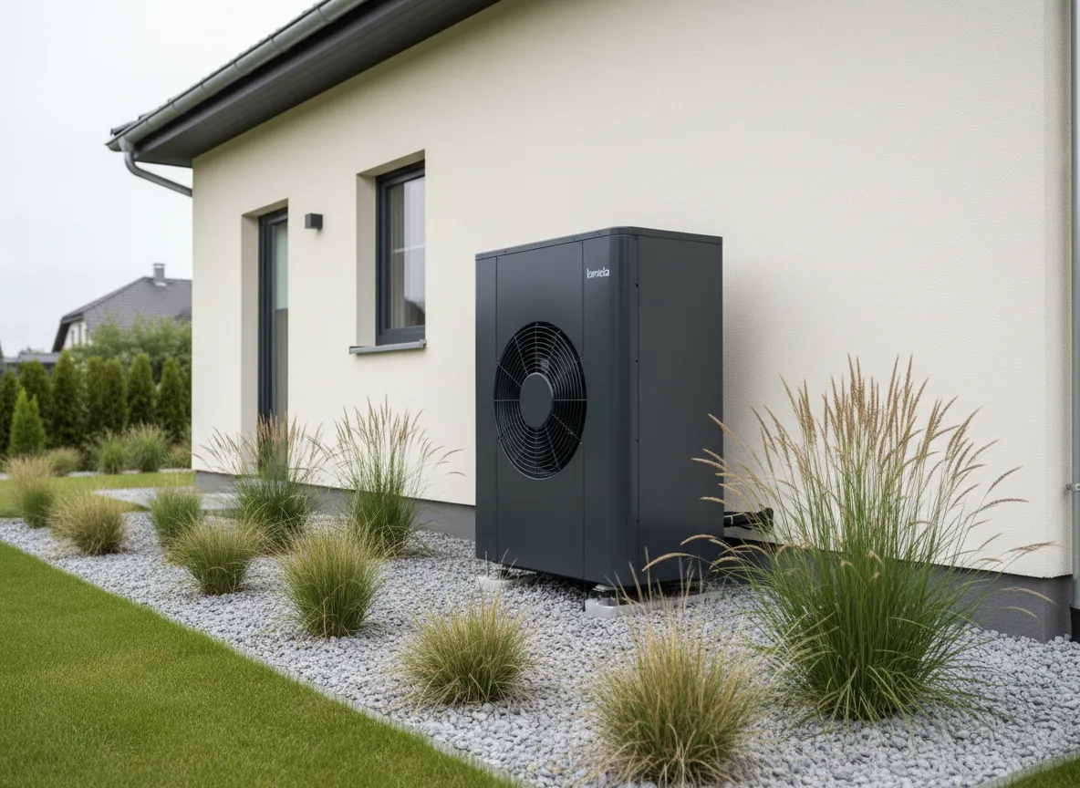 Lambda Wärmepumpe vor Einfamilienhaus