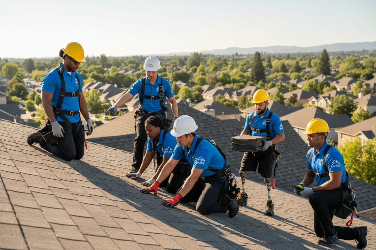 A diverse group of roofing professionals from Acts 29 Roofing, wearing branded blue shirts and safety gear, working together atop a residential roof under a bright sky. The background shows a suburban neighborhood with green trees. The team is focused and collaborative, demonstrating expertise and care.