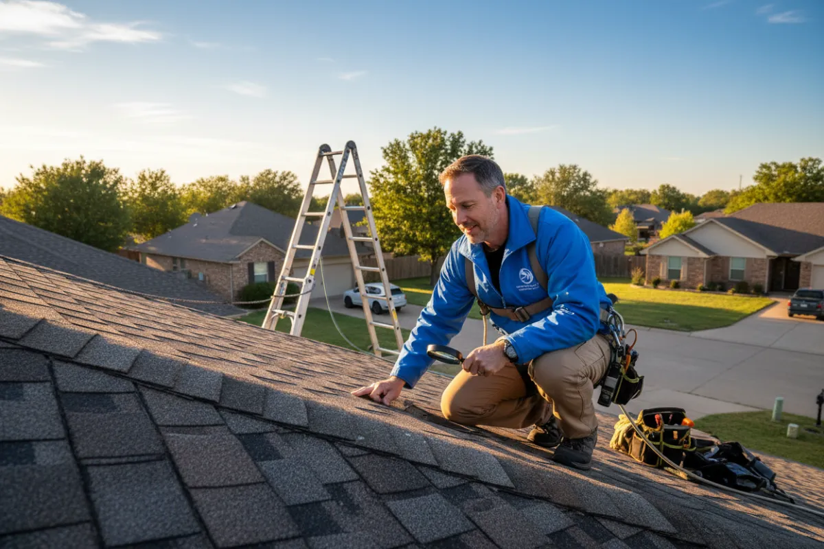 A professional on-site roof inspector in a blue company jacket examining a residential asphalt shingle roof on a sunny afternoon, ladder and safety gear visible.