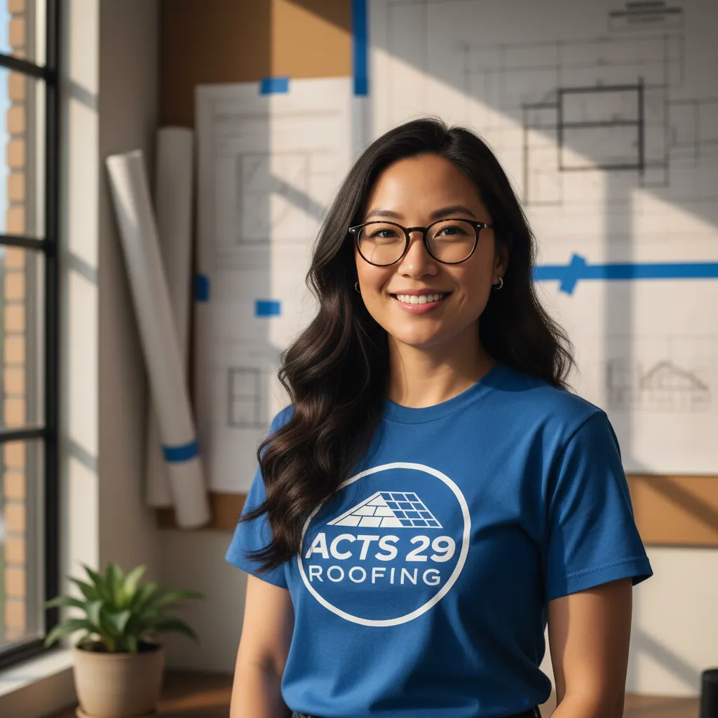 Sarah Nguyen, an Asian-American woman in her early 30s with long black hair and glasses, stands in a sunlit office with blueprints on the wall. She wears a blue Acts 29 Roofing shirt and smiles warmly, radiating professionalism and care.