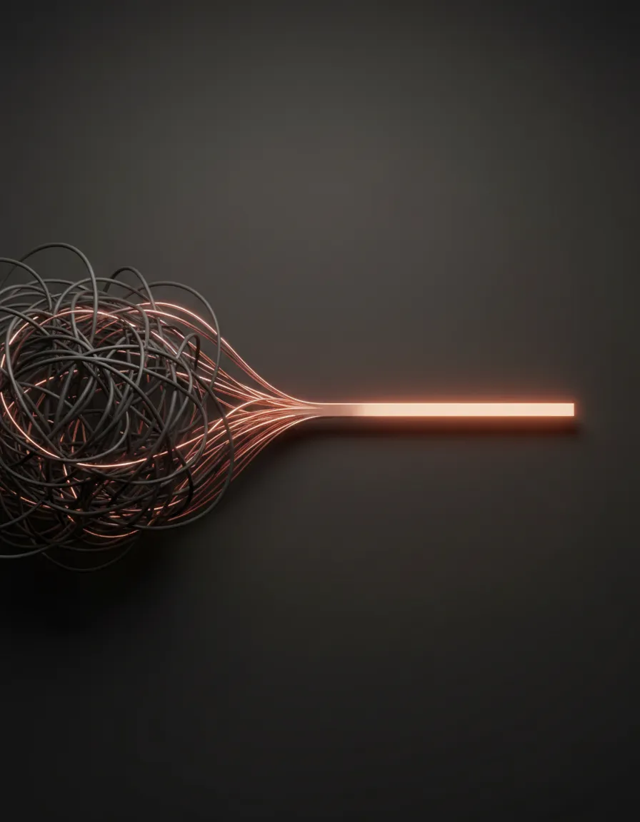 Abstract visualization of messy complexity smoothing out into a clean, straight line with a soft rose-gold hue
