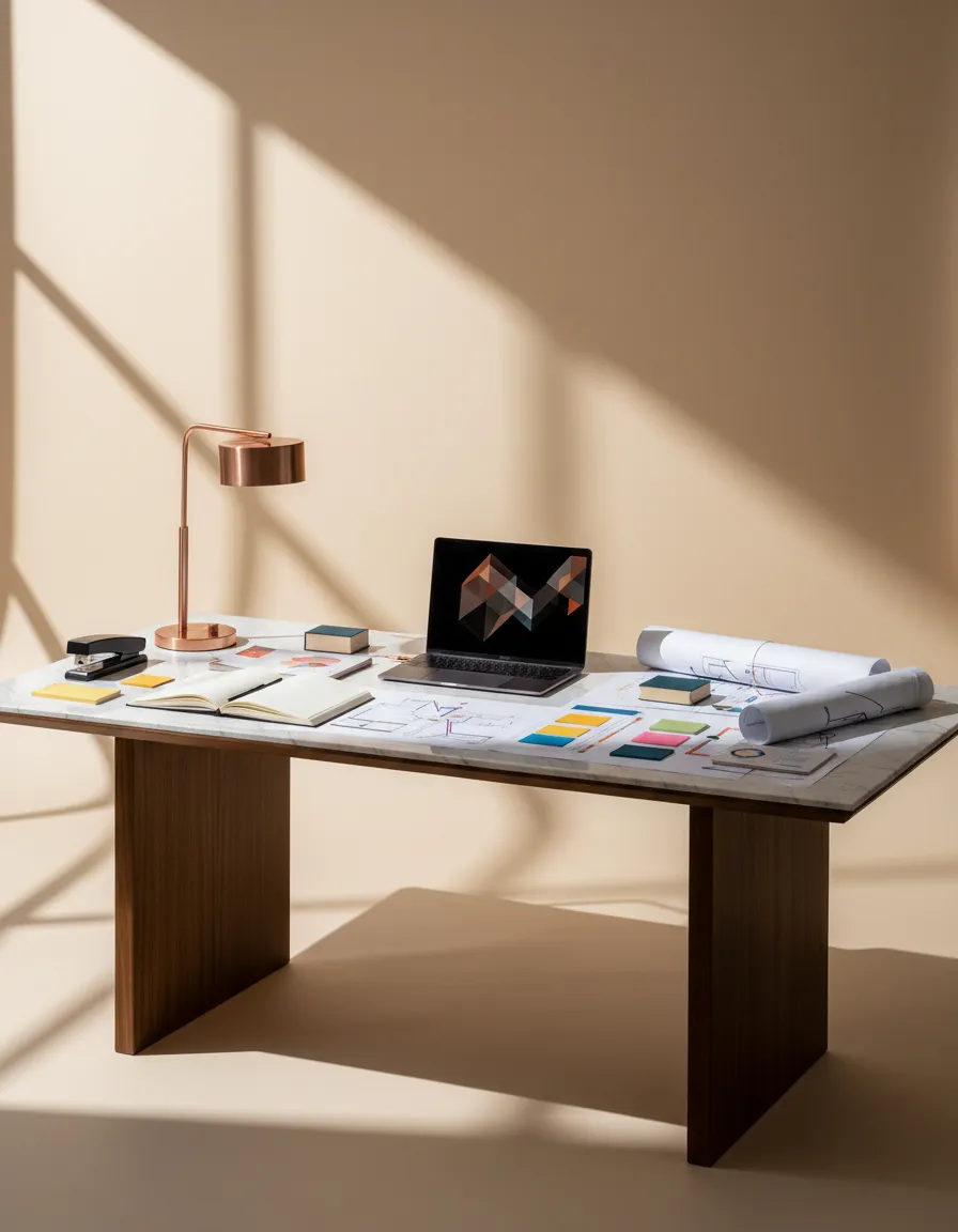 A clean, modern workspace with planning documents, laptops, and collaborative strategy materials
