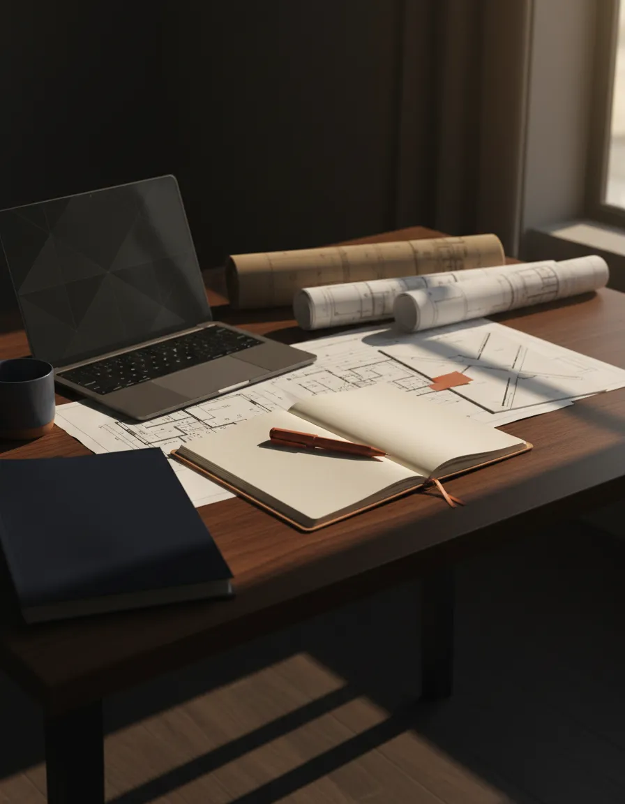 Sophisticated strategy workspace with documents and planning tools