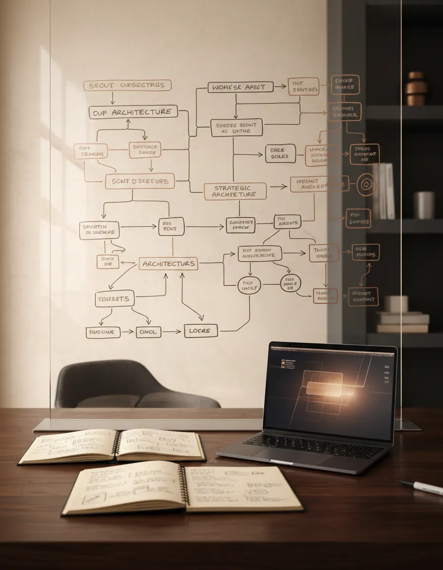 Strategic planning and technology architecture blueprint in a modern workspace
