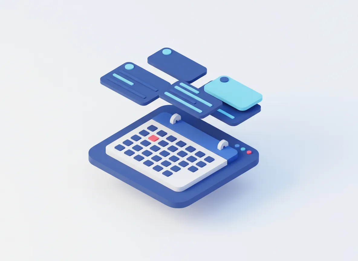 Render 3D minimalista de Cali, asistente de calendarios, con interfaz limpia y tarjetas redondeadas