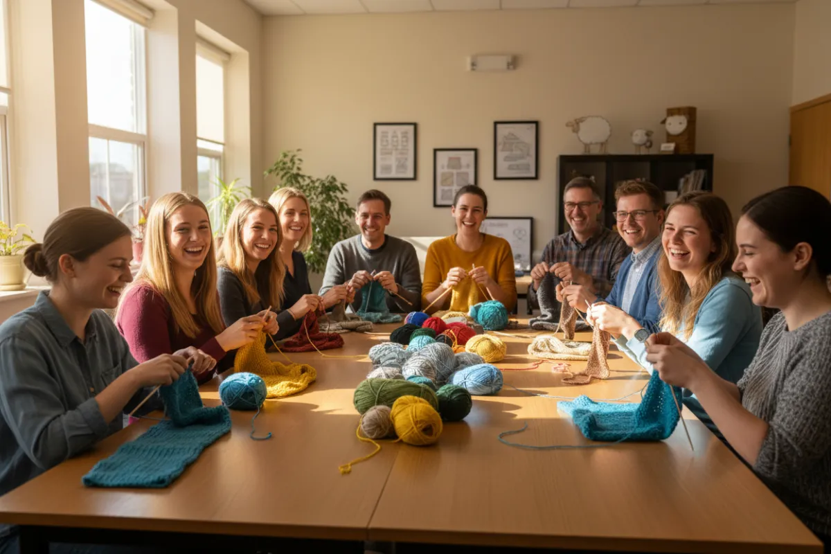 A diverse group of adults and teens gathered around a large table, laughing and knitting together in a bright, welcoming classroom. The scene is lively and inclusive, with yarn, tools, and finished projects on display.