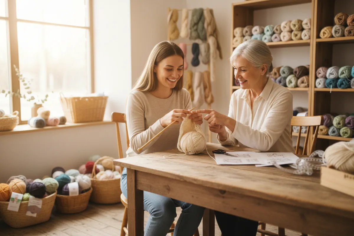 A smiling young woman learning to knit for the first time, guided by a friendly instructor in a cozy, well-lit shop corner. The scene is supportive and encouraging, with simple tools and soft yarns.
