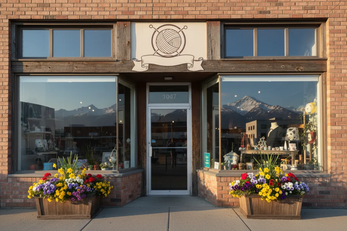 A charming storefront with large windows, a hand-painted sign reading 'In the Round Fiber Shop,' and planters filled with seasonal flowers. The shop is set against a backdrop of Anchorage’s cityscape and distant mountains.