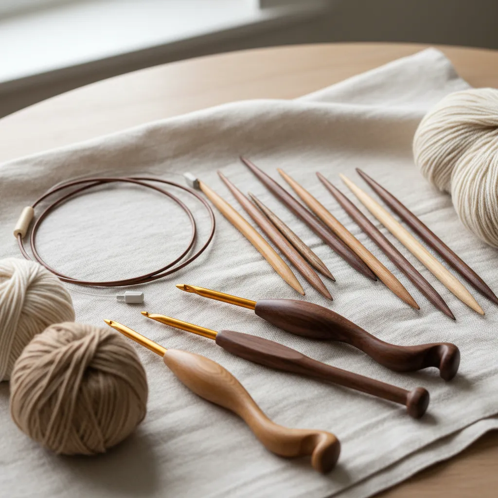 A curated selection of artisan-crafted knitting needles and crochet hooks arranged on a linen cloth, with natural wood grains and smooth finishes. The tools are elegant, functional, and designed for comfort.