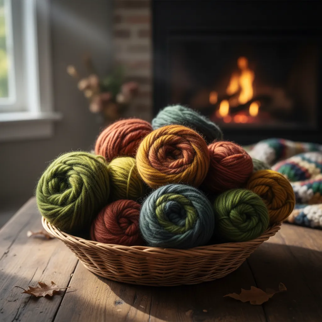 A close-up of hand-dyed skeins in rich, earthy tones, artfully arranged in a woven basket on a wooden table. The yarns have subtle color variations and soft textures, evoking a sense of artisanal quality and warmth.