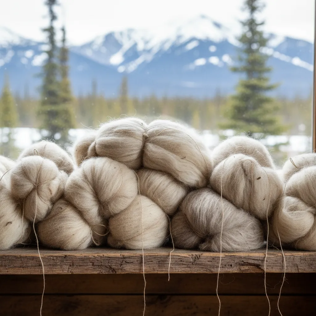 Bundles of locally sourced Alaskan wool and qiviut displayed on a rustic wooden shelf, with natural textures and subtle color variations. The fibers are soft, fluffy, and evoke the spirit of Alaska’s wilderness.