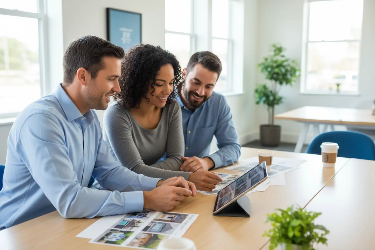 Sean McFarlin consulting with a young couple in a bright, modern office setting