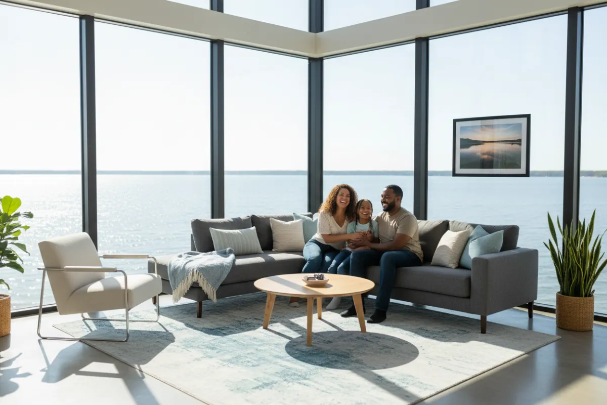 A welcoming, sunlit living room with large windows overlooking Lake Conroe, featuring modern furniture, subtle blue accents, and a family of three (diverse, 30s-40s) smiling together. The scene conveys comfort, trust, and a sense of home, with natural light and a soft, inviting color palette.