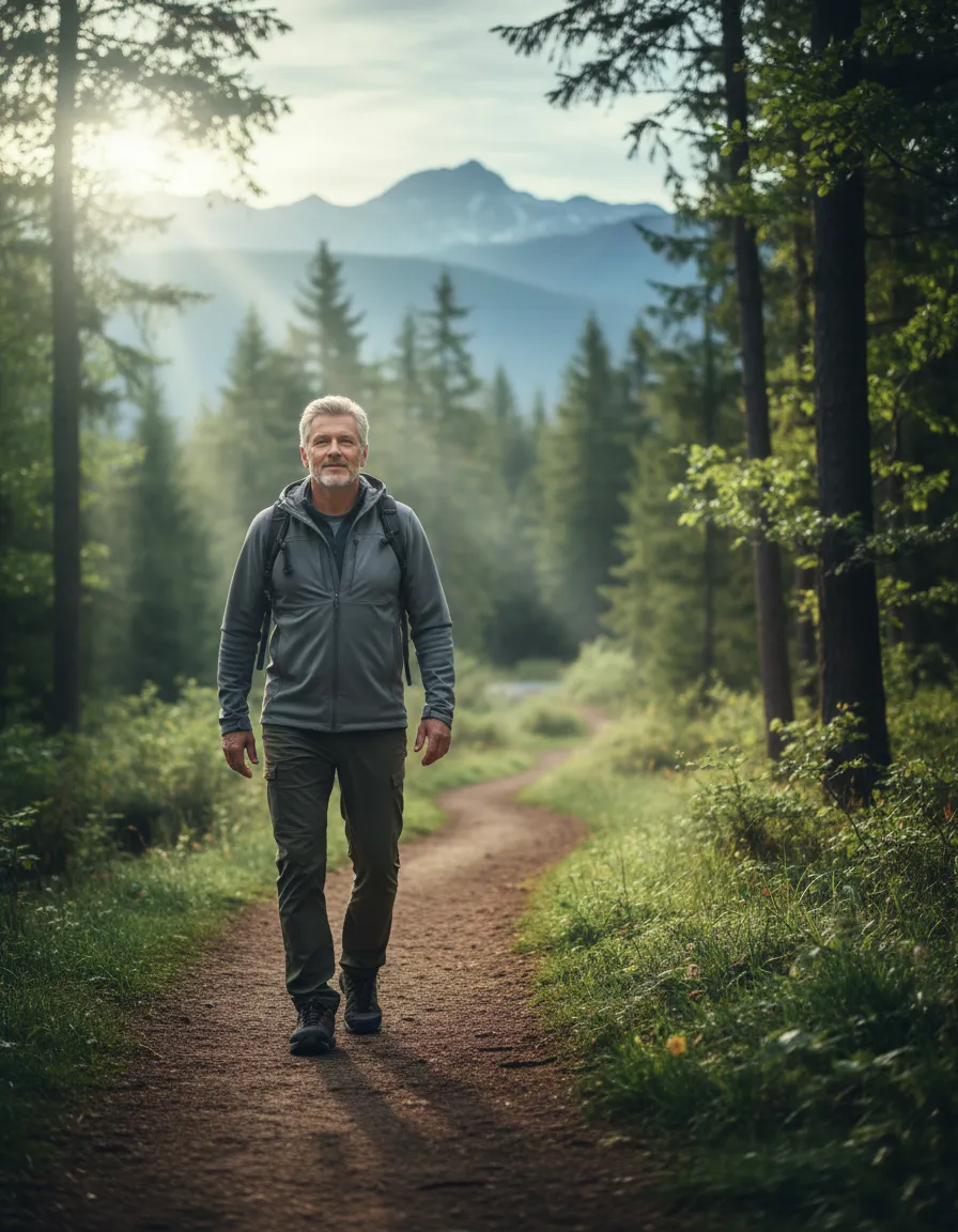 A healthy mature man walking confidently on a scenic nature trail.