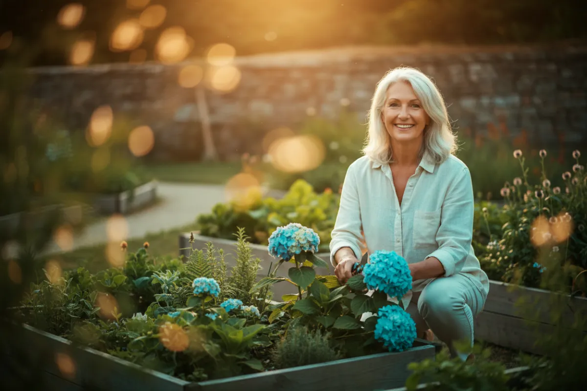 A mature woman smiling and gardening outdoors, demonstrating confident movement and independence.