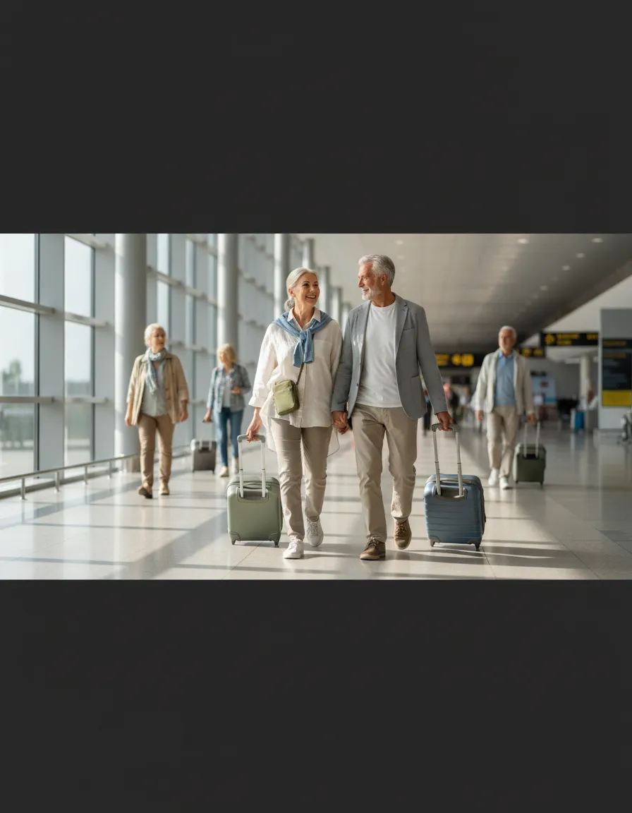 A mature couple traveling together with luggage, smiling and walking effortlessly.