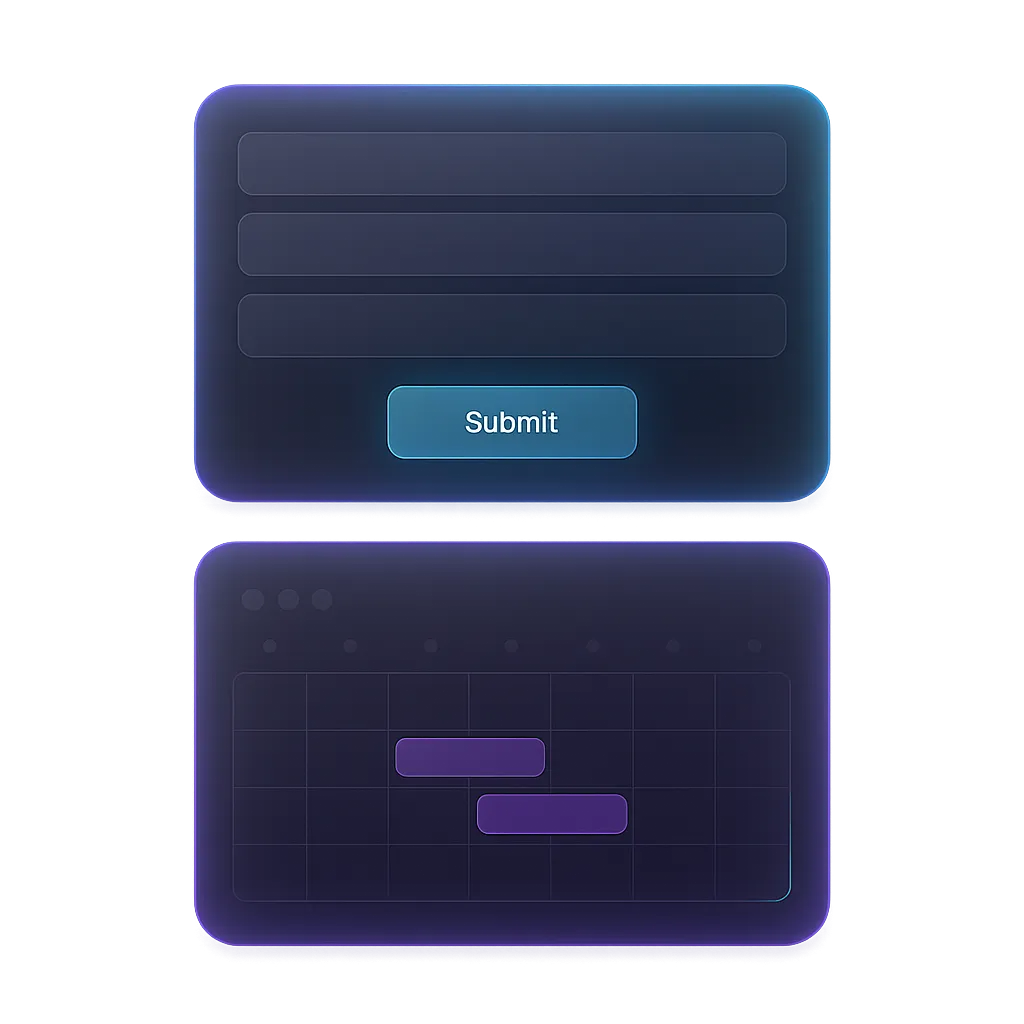 Dashboard composite displaying dynamic forms and a social media content calendar integration