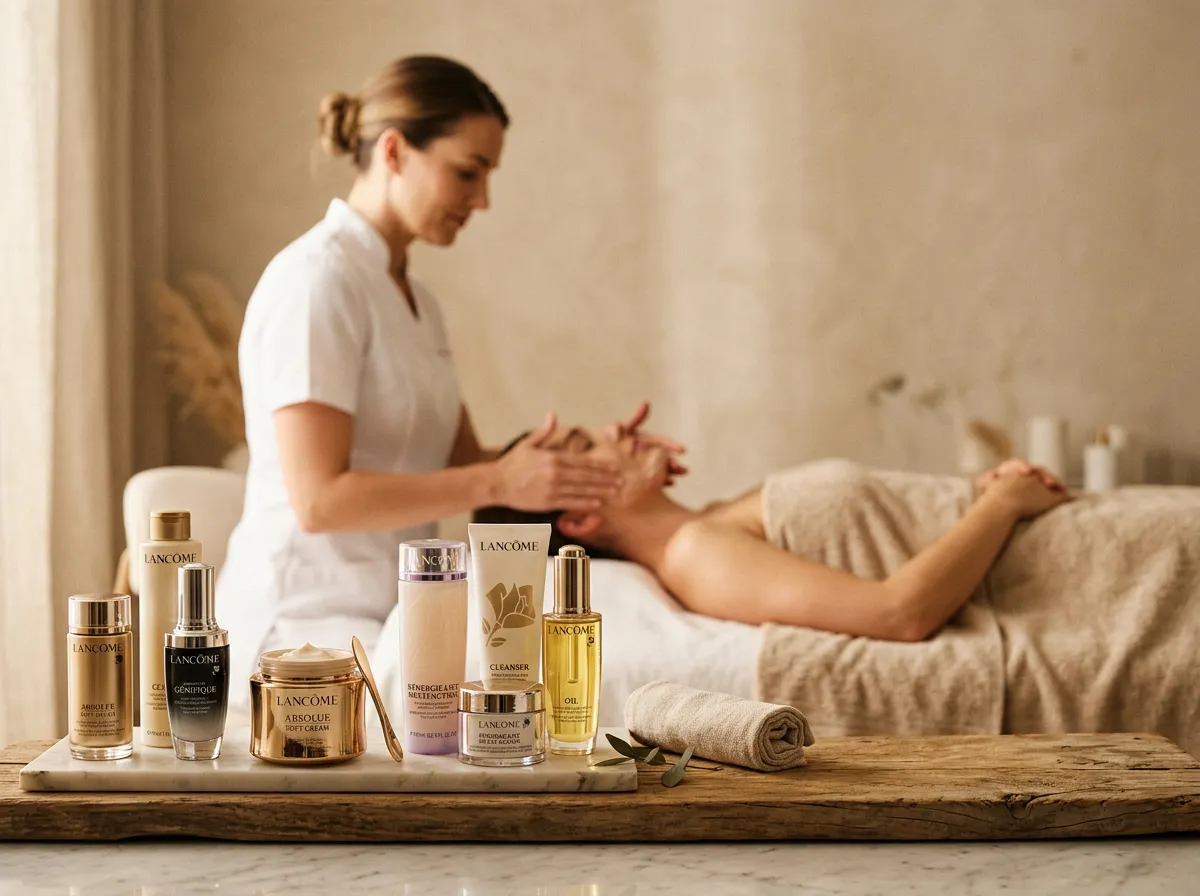 Lancôme skincare range with a facial treatment in soft focus