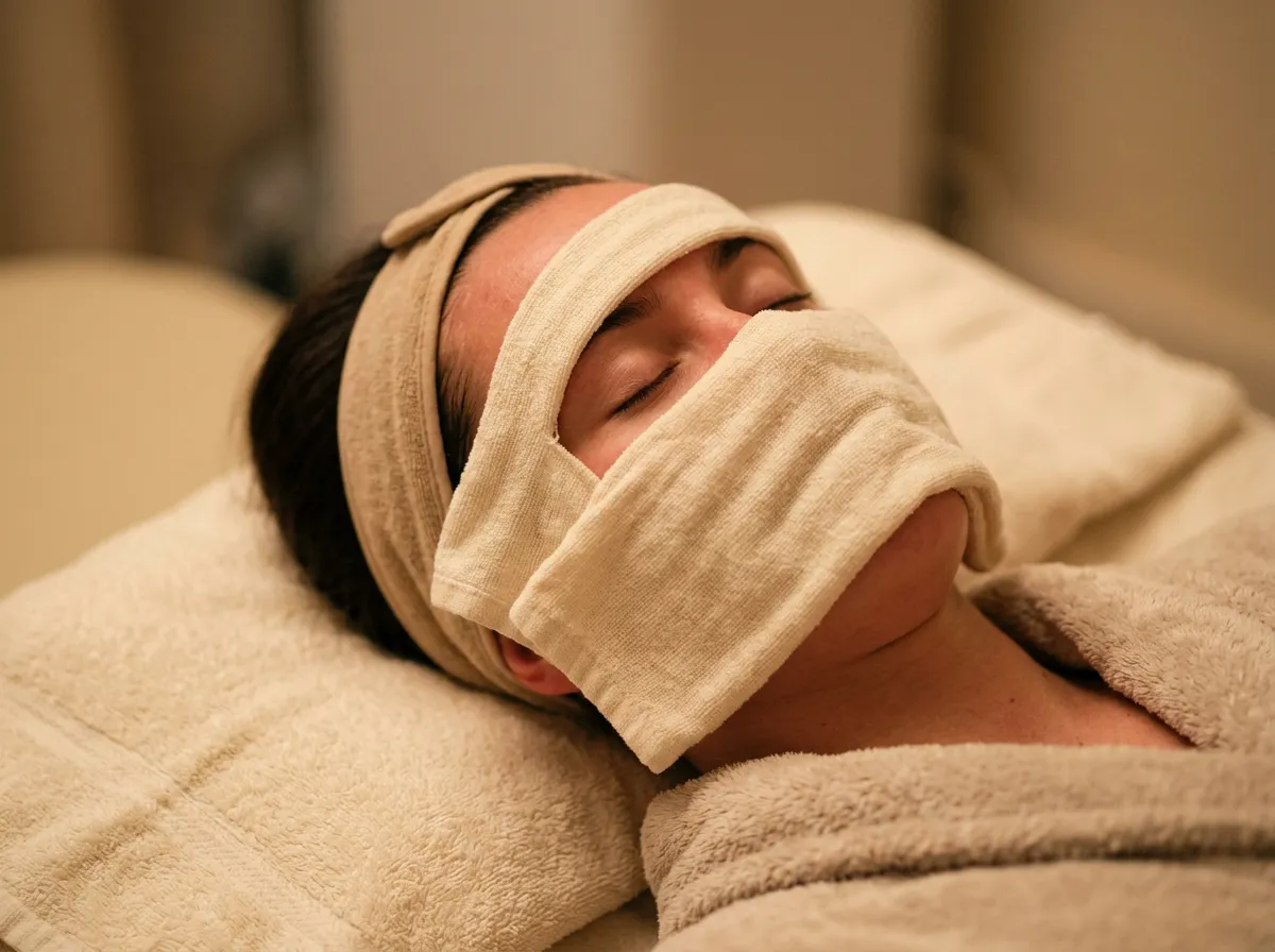 Person receiving a warm compress during a calming facial treatment