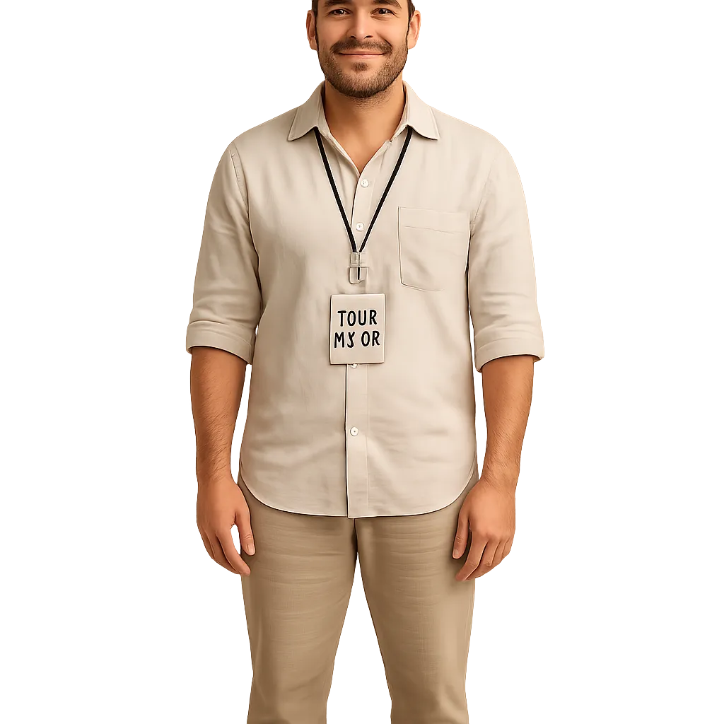 Full-body portrait of a smiling local tour guide in the Dominican Republic